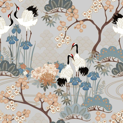 Japanese Fabric Wallpaper And Home Decor Spoonflower   Gueth Japanese Garden Grey 14 In 